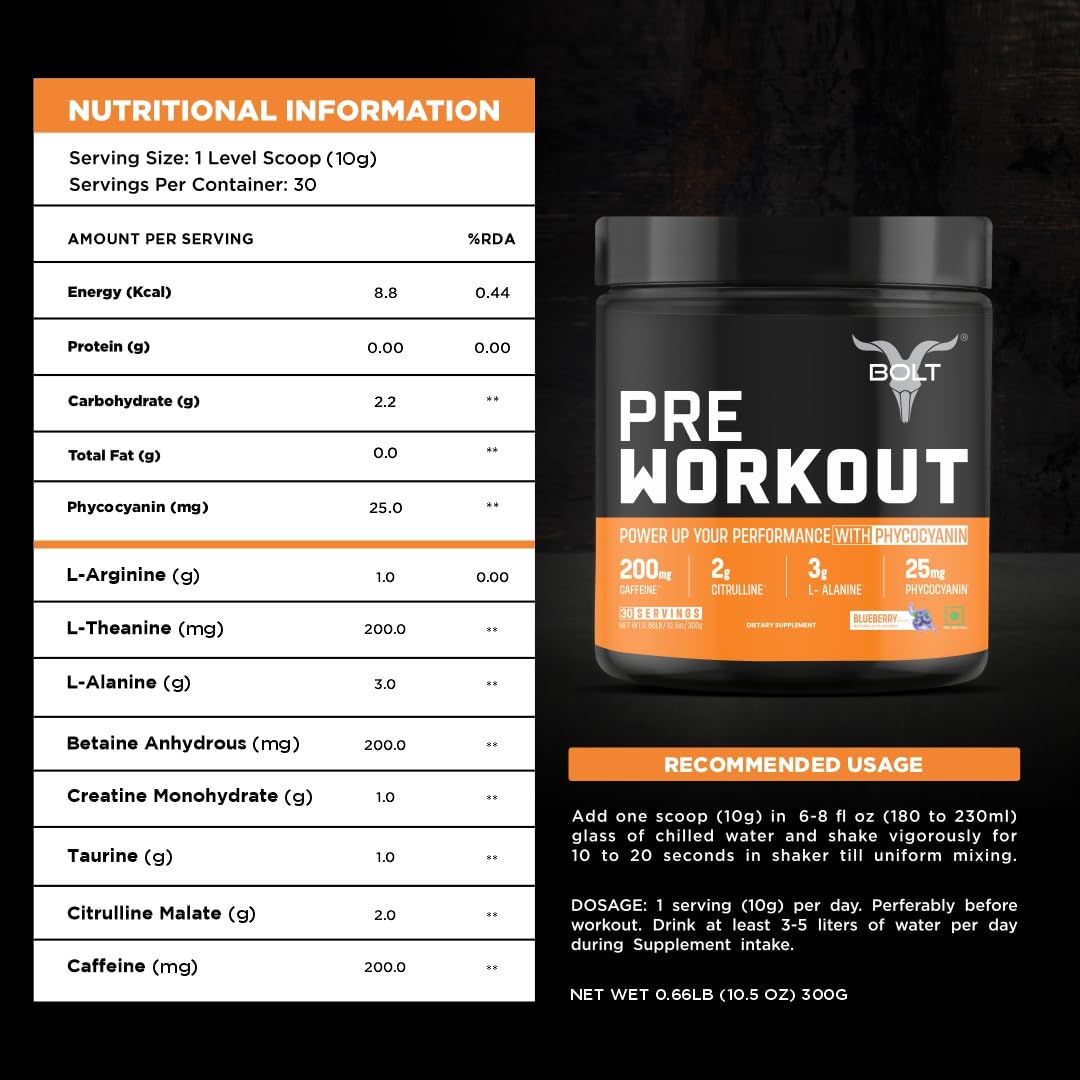 Bolt Nutrition Pre Workout Supplement | 300 grams,30 Servings |With Caffeine Powder, Citrulline Malate, B-Alanine, Taurine For Explosive Energy, Pump & Focus | Blue Berry Blast