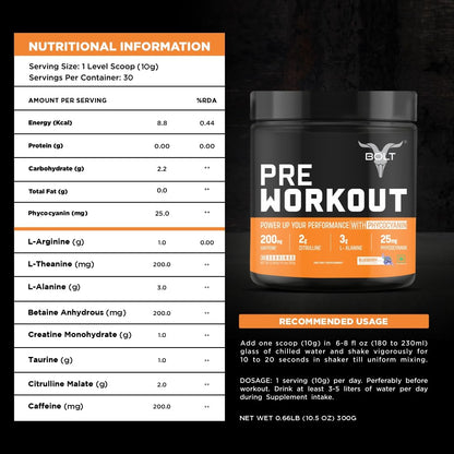 Bolt Nutrition Pre Workout Supplement | 300 grams,30 Servings |With Caffeine Powder, Citrulline Malate, B-Alanine, Taurine For Explosive Energy, Pump & Focus | Blue Berry Blast