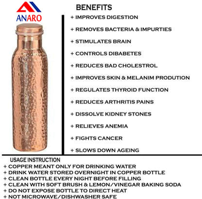 ANARO Pure Copper (Hammered) Water Bottle with No Joint and Leak Proof Ayurvedic Health Benefits for Yoga, Tamba Water Bottle For Travelling Purpose, Office Home, School, Gym (Pack of 2)