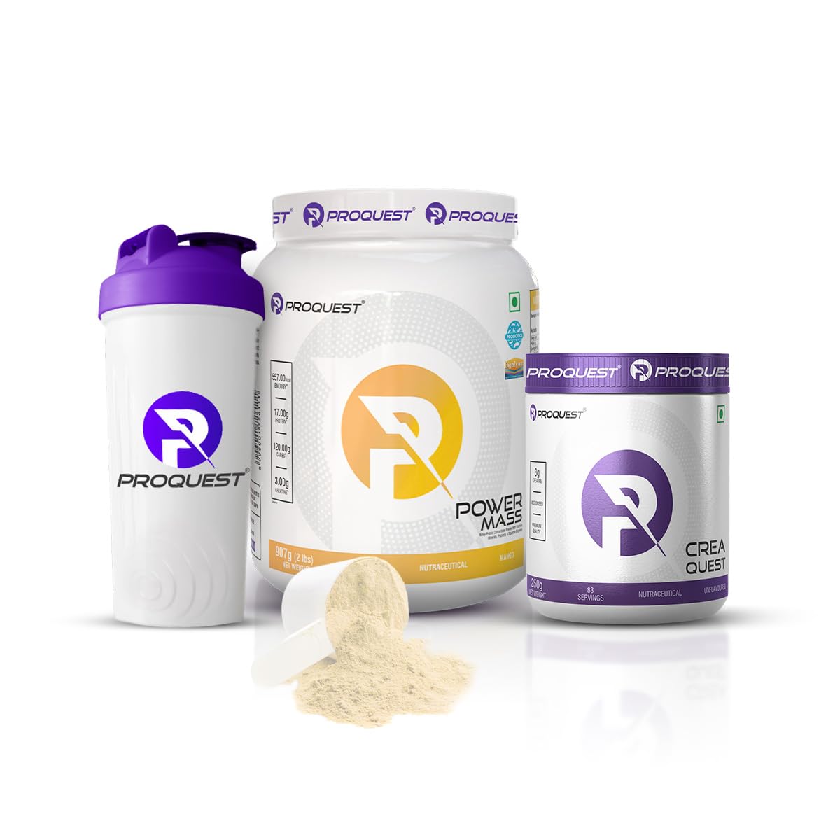 Proquest Power Mass Gainer Mango 907g + Creatine 250g + Free Shaker Combo | 557 kcal, 17g Protein, Digezyme® & Probiotics | Muscle Gain & Recovery Support