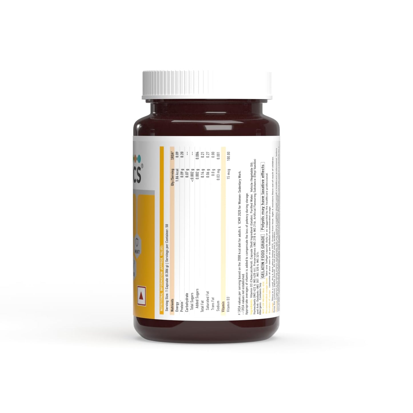 TrueBasics Vitamin D3 600 IU, for Healthy Bones, Strong Muscles, Boosts Immunity & Calcium Absorption, 50 Vitamin D Capsules