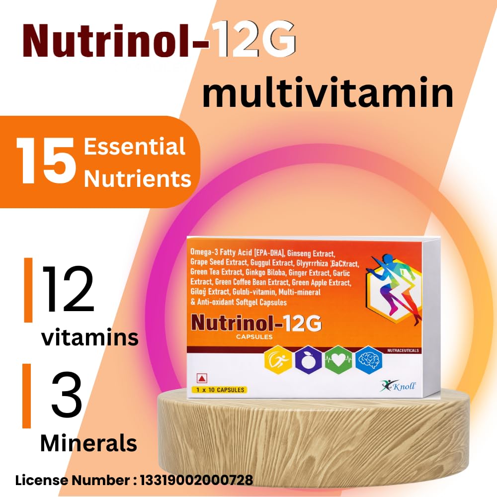 Knoll Healthcare Nutrinol 12G Multivitamin Tablets for Women & Men | Vitamin C, E, B12, B6, Zinc & Grape Extract For Immunity & Energy Multivitamin Supplement- 20 Tablets 2 x Strip
