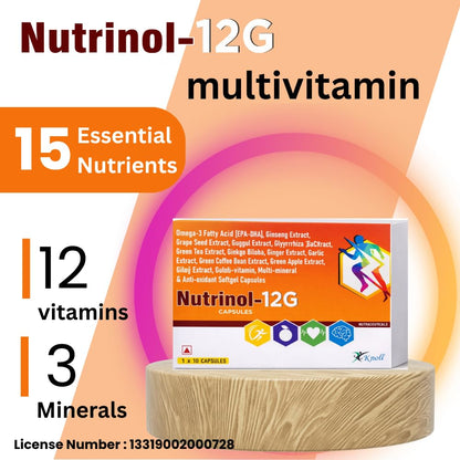 Knoll Healthcare Nutrinol 12G Multivitamin Tablets for Women & Men | Vitamin C, E, B12, B6, Zinc & Grape Extract For Immunity & Energy Multivitamin Supplement- 20 Tablets 2 x Strip