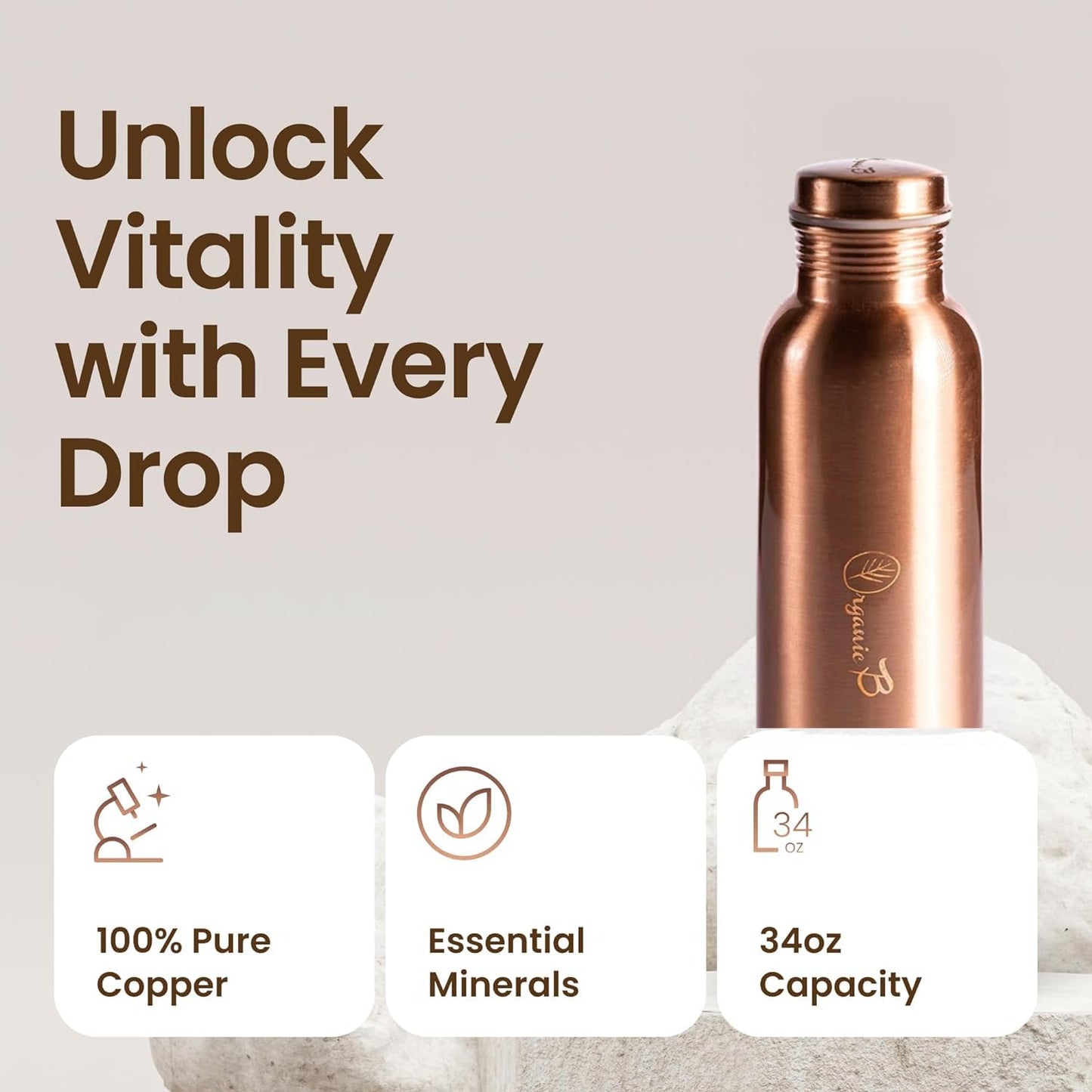 Organic B Copper Water Bottle 1 Litre | Water Bottle For Office | Rakhi Gift for Sister | 100% Pure Copper Insulation Wide Mouth With Ergonomic Design | Leak Proof | Water Bottle For Home - Pack of 2