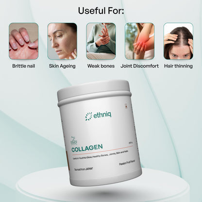 Ethniq Japanese Marine Collagen Powder for Women & Men | Hydrolyzed Type I Collagen Peptides with Glutathione, Vitamin C, E & Biotin | Supports Skin Glow, Hair, Nails & Joints | Sugar Free Passion Fruit Flavour | 250g