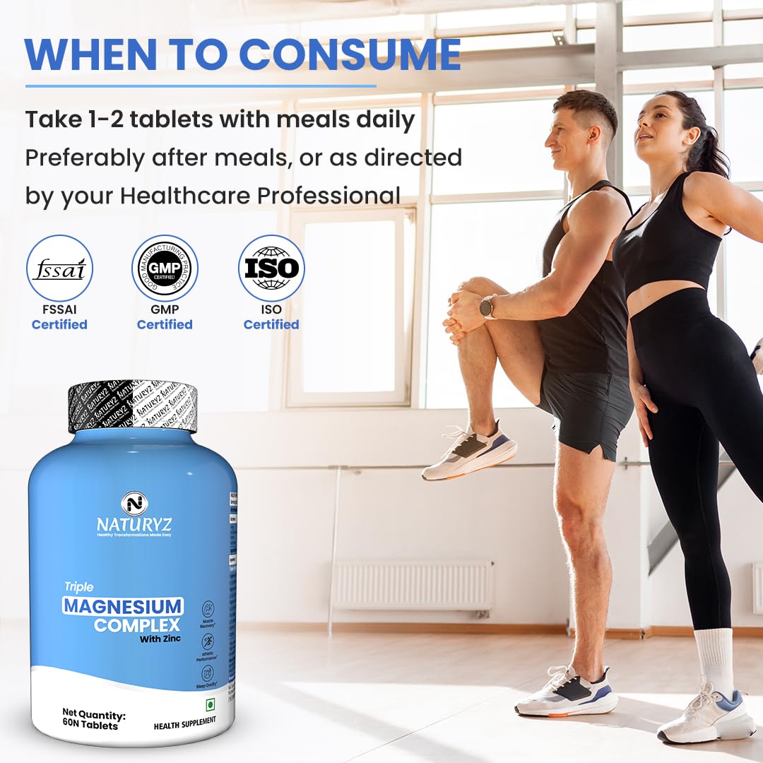NATURYZ Triple 3-in-1 Magnesium Complex 1736mg (Glycinate, Aspartate & Oxide) with Zinc for Maximum Absorption | Supports Stress Relief, Sleep, Muscle Recovery, Nerves, Joints & Cognition - 60 Tablets