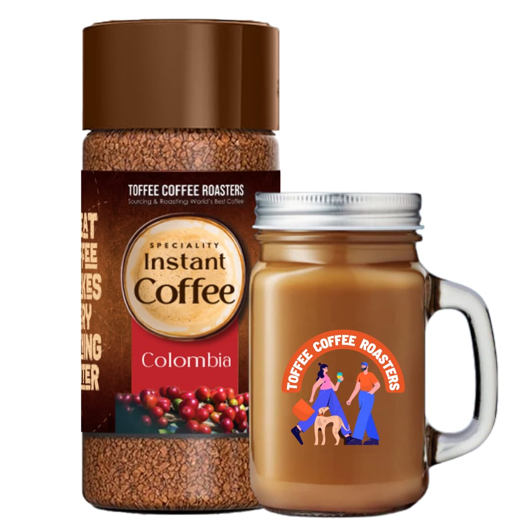 Toffee Coffee Roasters | Colombia Speciality Instant Coffee With Free Mason Jar | As Seen On Shark Tank | 100 gm | 100% Arabica | Ready in Seconds | Microground Technology | Makes 50 Cups