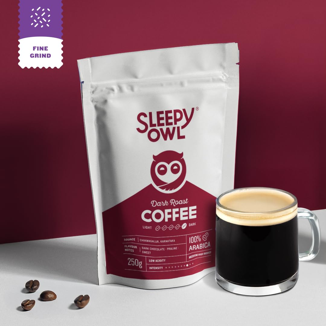 Sleepy Owl Dark Roast Ground Coffee | Fine Grind Coffee | Suitable for Moka Pot, Home Espresso brewing | 100% Arabica | Freshly Roasted & Ground | 250g | Directly Sourced From Chikmagalur