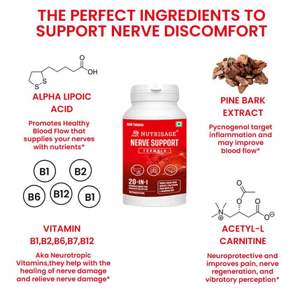 Nutrisage Nerve Support Formula- Neuropathy Support Supplement, with 600 mg Alpha Lipoic Acid, Pine Bark, L-Carnitine, Magnesium & Potent Herbs, Non-GMO Nerve Support, 60 tab-1mth course (1)