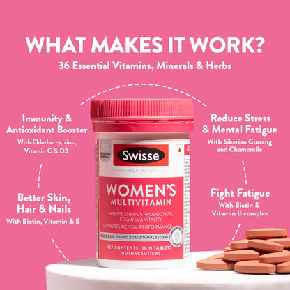 Swisse Women's Multivitamin - Manufactured In Australia, Imported Multivitamin From Australia's No.1 Multivitamin Brand - Boosts Energy, Stamina, Vitality & Mental Performance With 36 Herbs, Vitamins & Minerals (60 Tabs)