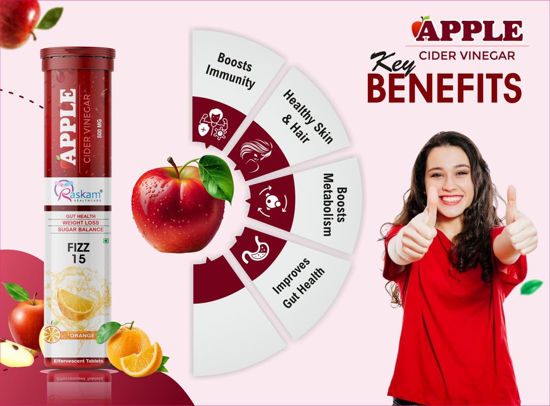 Raskam ACV Apple Cider Vinegar Effervescent Fizz 15 Tablets - For Weight Loss | Refreshing Detox & Metabolism Boost, No added Sugar (Pack of 1), Orange Flavour