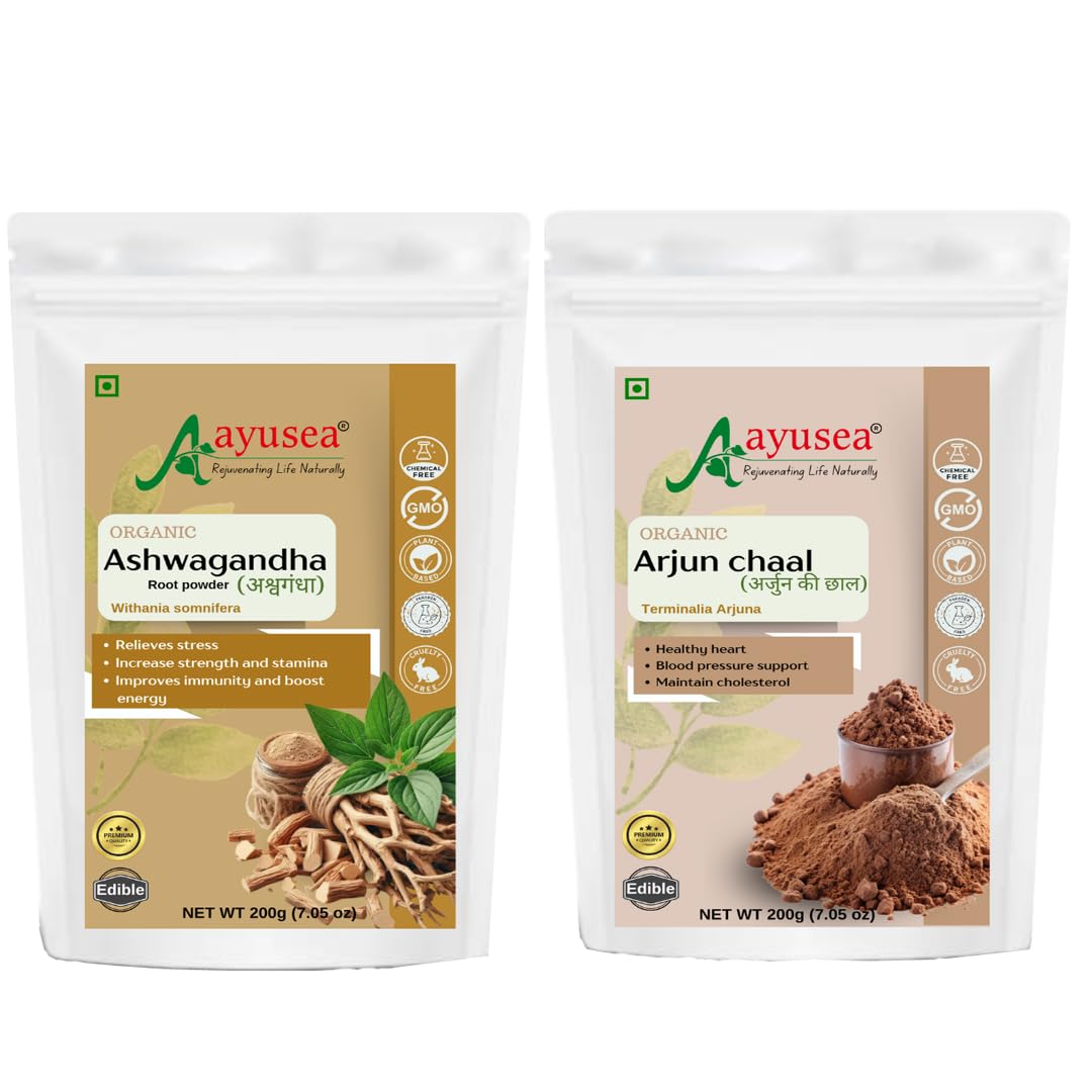 AYUSEA® ASHWAGANDHA POWDER (200g) AND ARJUN CHAAL POWDER (200g) COMBO FOR CARDIOVASCULAR HEALTH AND STRESS MANAGEMENT