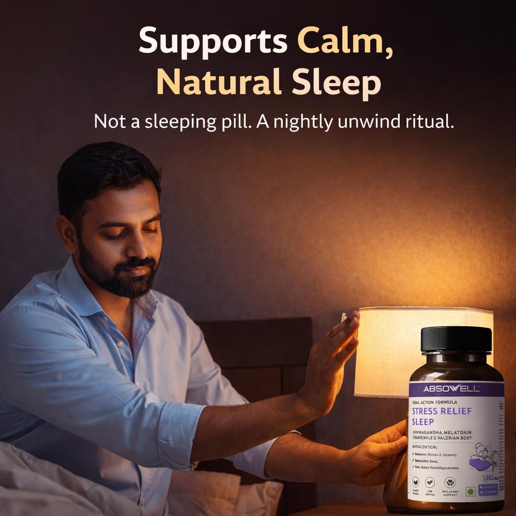 Absowell Stress & Sleep Relief | 60 Veg Capsules | Ashwagandha 300mg, L-Theanine 200mg, Valerian, Chamomile & Melatonin 3mg | Natural Non-Habit Forming Sleep Aid & Stress Relief Supplement