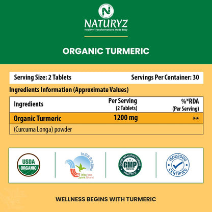 NATURYZ Organic Turmeric Highest Strength 1200mg tablets | Supports Joint, Skin Health, Immune Function | Anti inflammatory Supplement for Adults | Non-GMO, Vegan, Gluten-Free | USDA Organic Certified | Pesticides & Chemical Free - 60 Veg Tablets