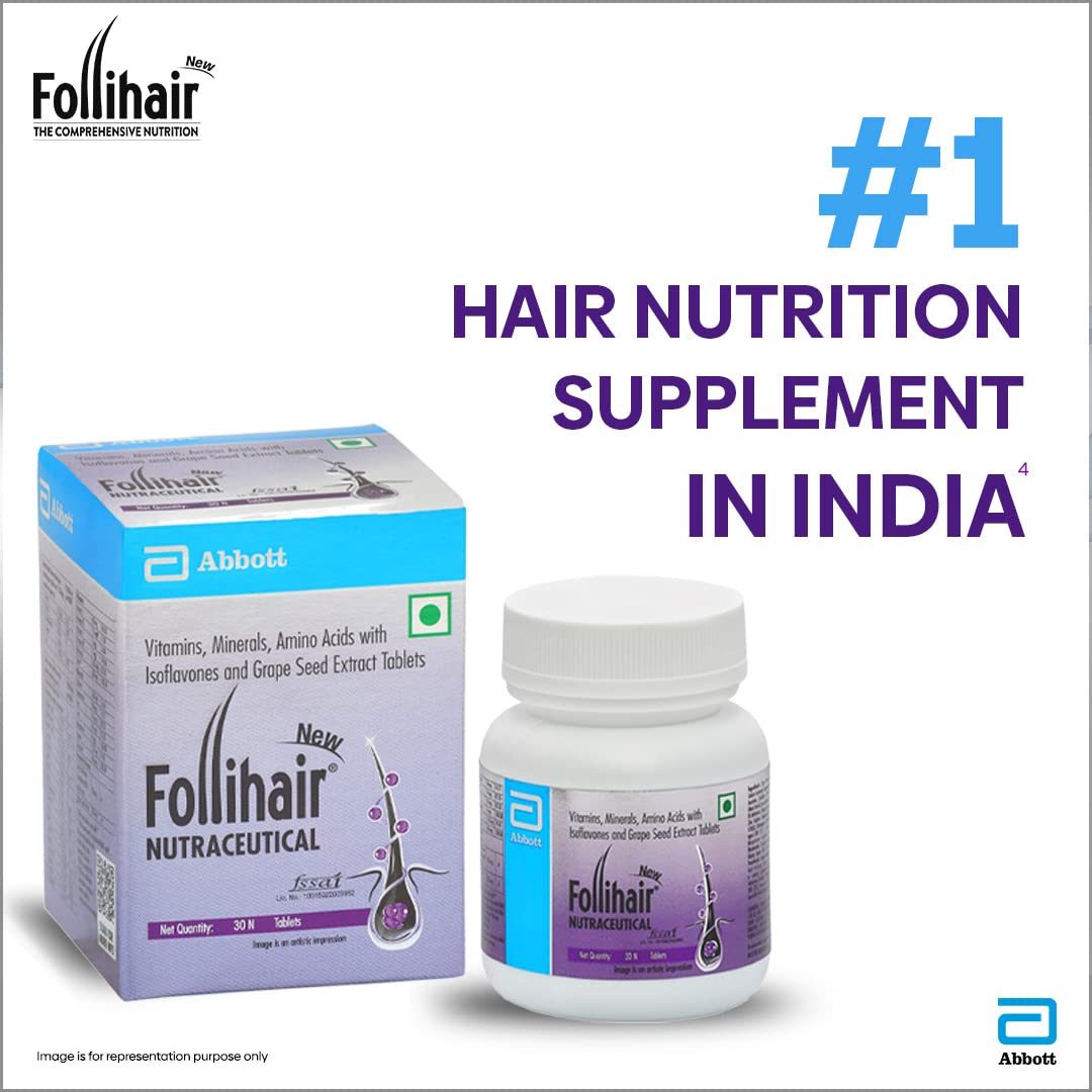 Follihair New By Abbott Helps Nourish & Strengthen Hair Follicles Tablet, Amino Acids, Vitamins, Minerals & Natural Extracts Twin Pack (30 X 2)