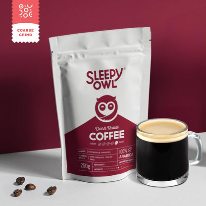 Sleepy Owl Dark Roast Ground Coffee for French Press | 100% Arabica | Coarse Grind Coffee | Also Suitable for Cold Brew Coffee | 250g | Directly Sourced From Chikmagalur