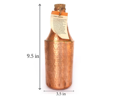 DeKulture Hand Hammered Pure Copper Water Bottle with Wooden Cork Lid (1 Liter) - Ayurvedic & Yoga Benefits, 3.5 x 9.5 (DH) Inches