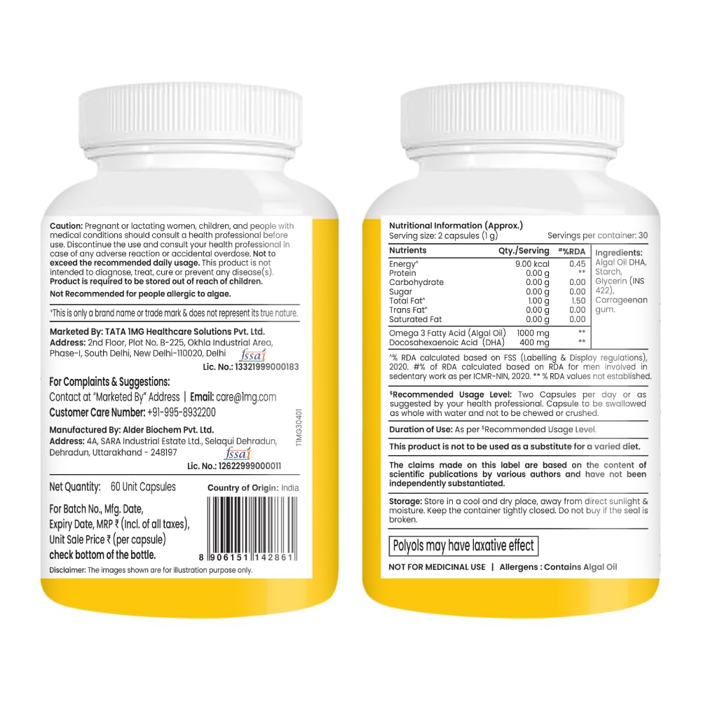 Tata 1mg Vegetarian Omega |1000 mg Algal Oil with 400mg DHA | Plant-Based Omega-3 | Supports Heart, Brain & Joint Health | 60 Veg Capsules