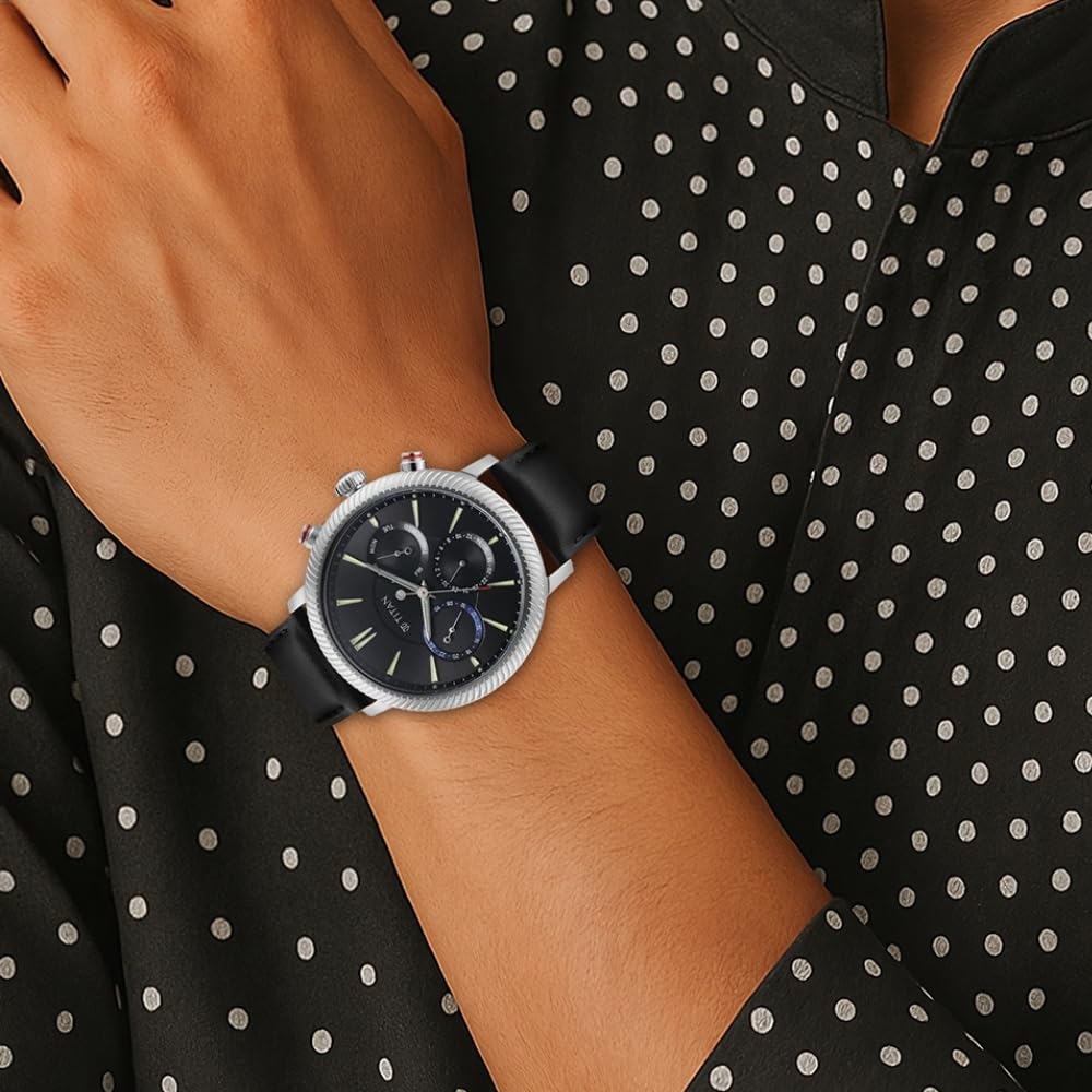 Titan Regalia Stellar Quartz Multifunction Black Dial Leather Strap Wat- image 3