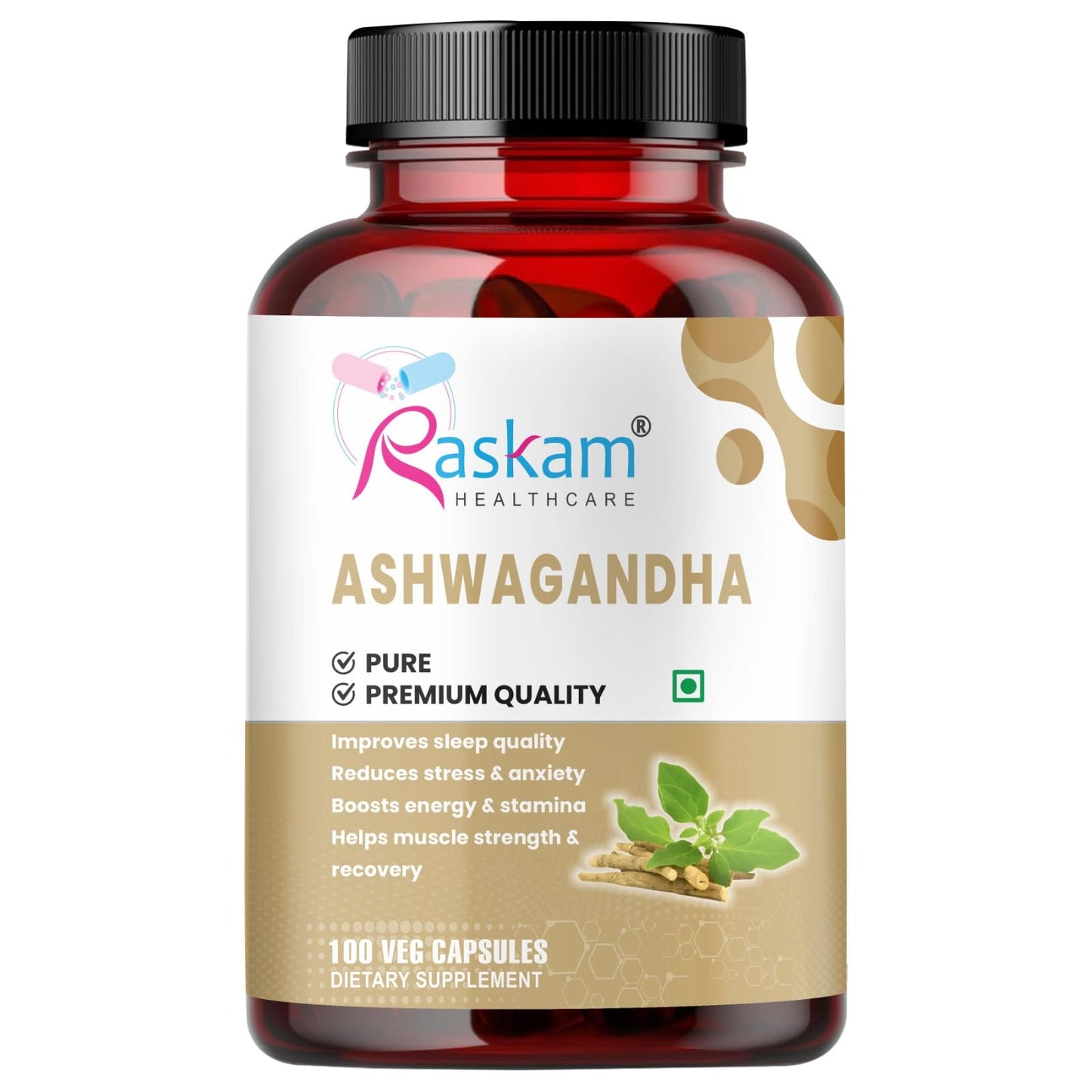 Raskam Ashwagandha 500 mg Capsules, 100 Veg. Capsules, Rejuvenates Body & Brain, Increases Energy, Strengthens Immune System, Reduces Stress & Anxiety