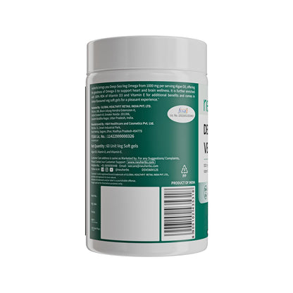 Neuherbs Deep-Sea Veg Omega 3 Supplement | 1000mg Algal Oil | Omega3 Vegetarian Capsules | Supports Heart, Brain, Skin & Bone Health | 100% RDA Vitamin D3 & E | Heavy Metals Tested - 60 Veg Softgels