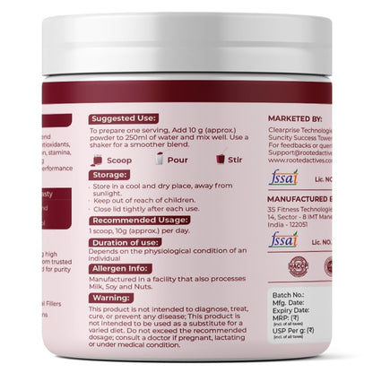 Rooted Actives Power Beets | Beetroot Powder with BCAAs, L-Arginine, L-Carnitine & Resveratrol | Watermelon Mint Flavour | Zero Added Sugar | 5-in-1 Superfoods Blend | 25 Servings | 250g | Powder