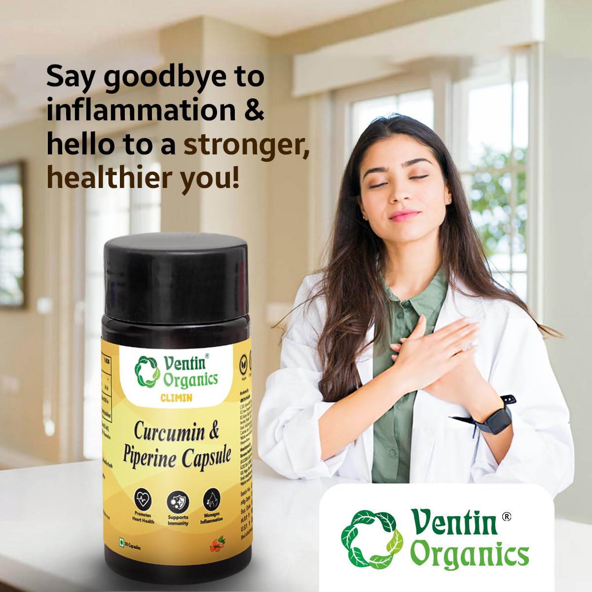 Ventin Organics Climin Curcumin with Piperine Capsules |30 N | Anti-Inflammatory, Antioxidant, Boosts Immunity, Supports Heart, Joint and Muscle Health | All Natural & Safe