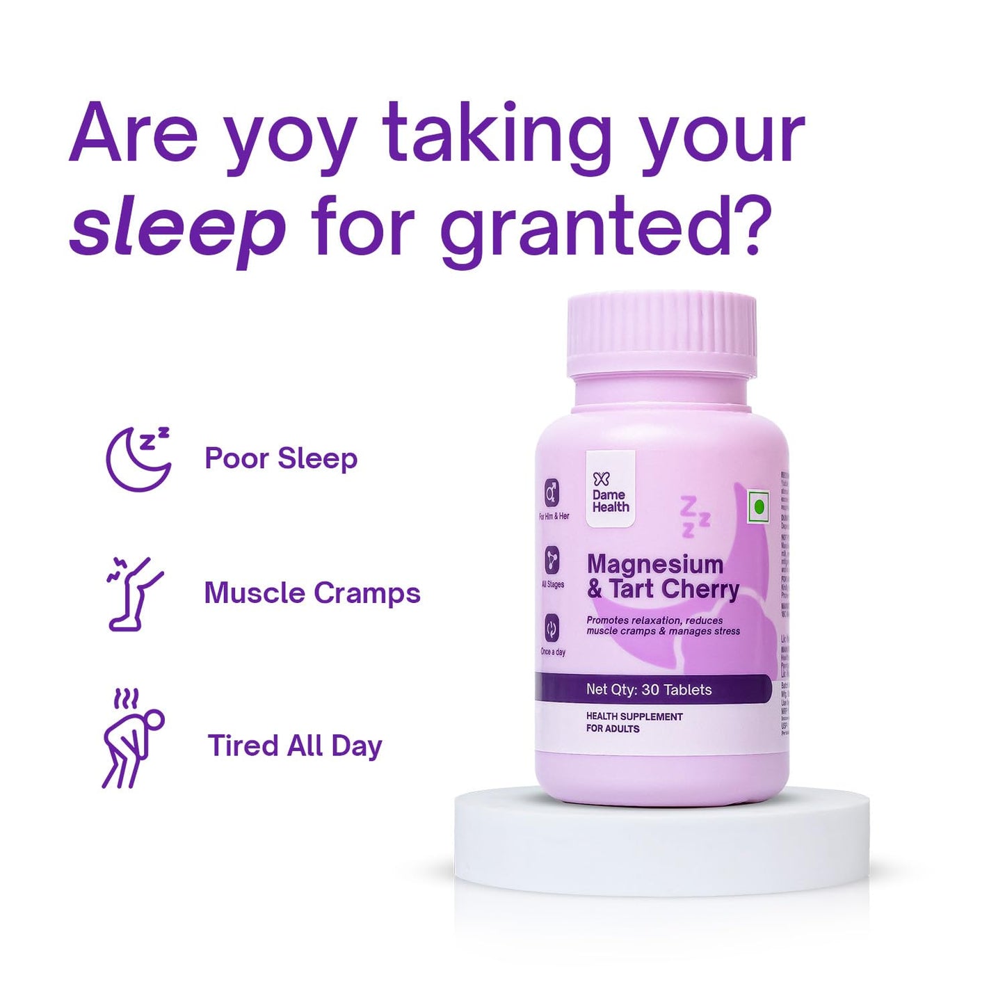 Dame Health Magnesium & Tart Cherry | Sleep & Recovery Tablets | Magnesium Glycinate 100% RDA, Tart Cherry & Zinc | Improve Sleep Quality, Reduce Muscle Cramps & Daily Stress | 30 Tablets, 30 Days