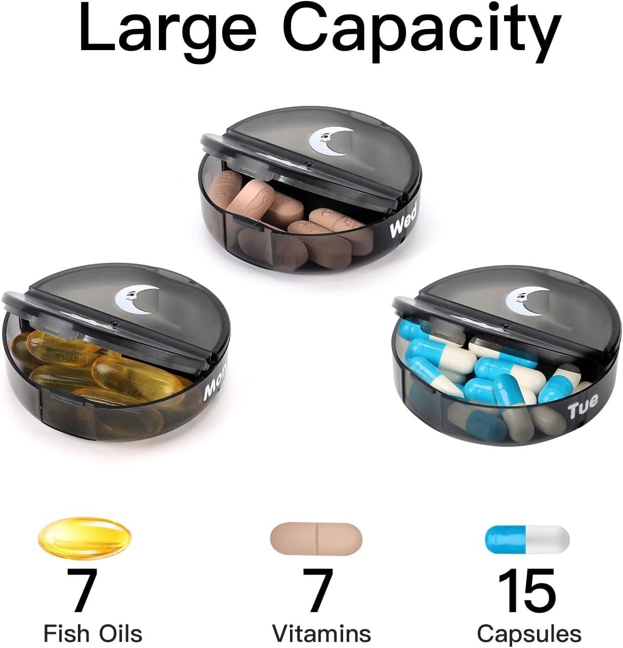 Sumiko Large Weekly Pill Medicine Organizer Box 4 Times A Day | One Week Daily Tablets Container | Weekly Pill Cases Portable for Pills Vitamin Fish Oil Supplements | For Travel & Gifts (Black)