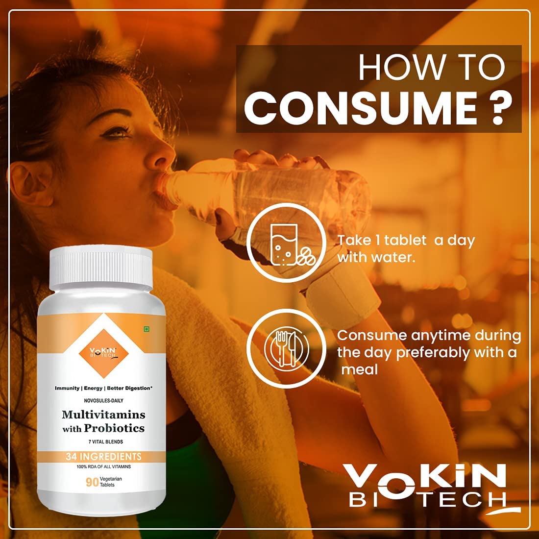 Vokin Biotech Multivitamin with Probiotics, With Vitamin C, Vitamin B, Vitamin D, Zinc, Supports Immunity and Gut health, For Men and Women (Multivitamin With Probiotics) (90 Tablets)