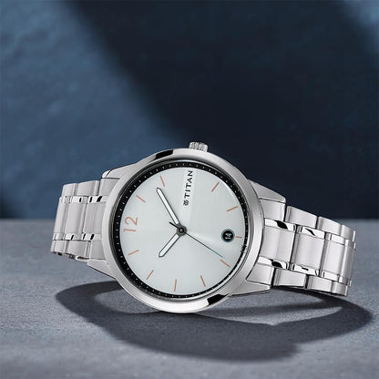 Titan Quartz Analog with Date White Dial Stainless Steel Strap Watch for Men-NP1806SM01