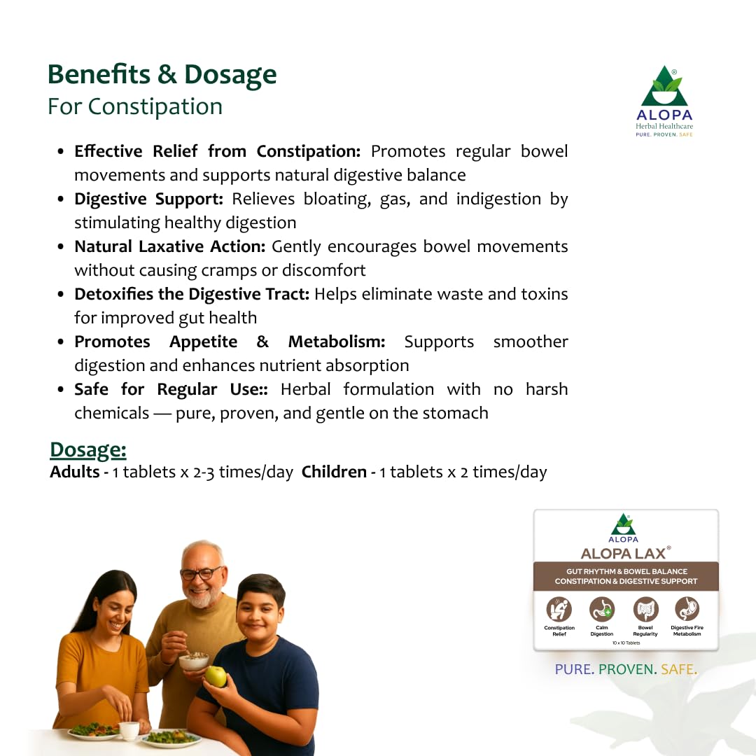 Alopalax: 10x10 Tablets – Ayurvedic Chronic Constipation Solution for Adults | Ideal after Surgery, during Pregnancy, or for Age-Related Digestive Issues | Promotes Healthy Bowel Movement, Digestion & Comfort | Natural, Safe & Zero Side Effects