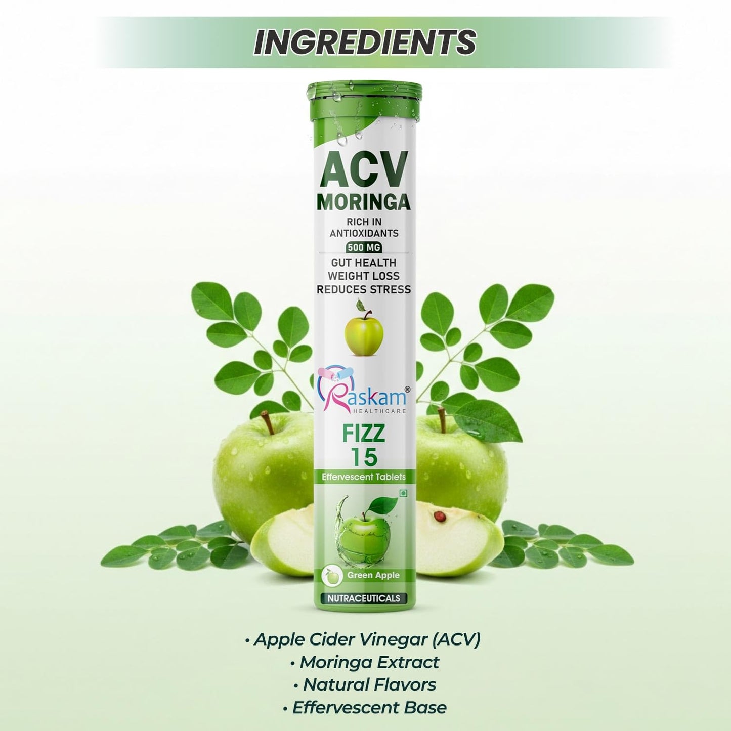 Raskam HEALTHCARE ACV Moringa 15 Effervescent Tablets 500 Mg Apple Cider Vinegar With No Added Sugar For Gut Health | Weight Loss | (Pack of 3, Green Apple)