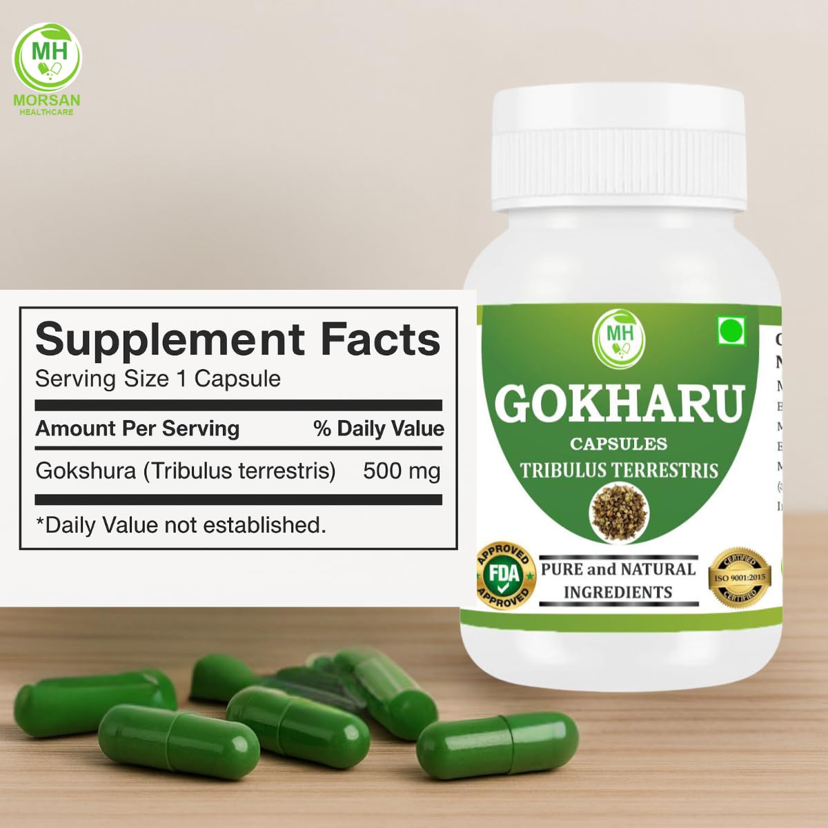 MORSAN HEALTHCARE | Gokharu Capsules | Tribulus terrestris 500mg – 60 Count | 1 Pack | Vegetarian | Plant-Based | Herbal Supplement | No Artificial Additives | Gluten Free | Organic | natural |