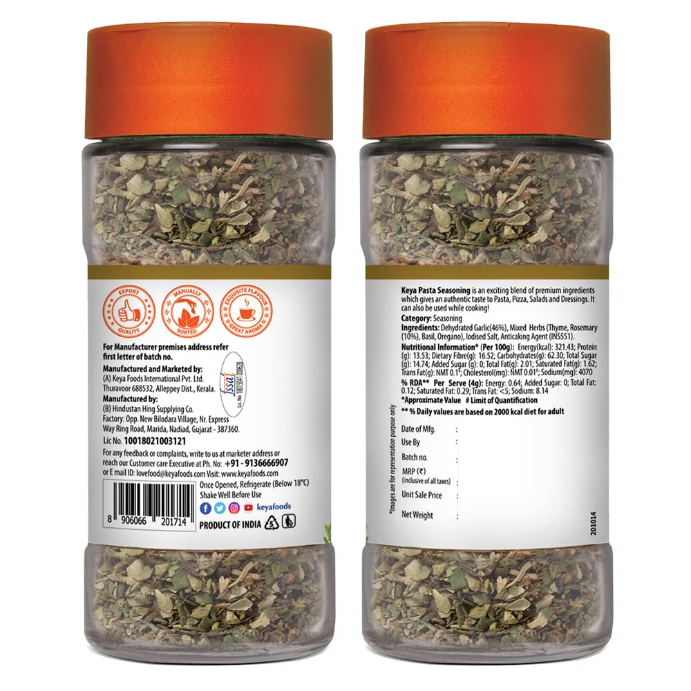 Keya Pasta Seasoning | All Natural & Healthy Spice Blend for Pizza, Pasta & More | Glass Bottle | Premium Herbs and Spices | Contains Freeze dried herbs| Export Quality | No Preservatives | The rich aroma that lasts | 45g