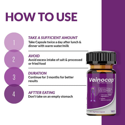 Varco LEG CARE Veinocap Phyto Capsules for Standardized Leg Varicose Veins, Capillary - Muscle Health & Blood Circulation Support with High Efficacy|Horse Chestnut, Pine Bark & Grapeseed Extract-60 Veg Caps