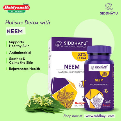 Siddhayu Neem Tablet (From the house of Baidyanath) | Natural Skin Support | Blood Purifier Anti Acne and Pimples | (60 + 20 Tablets Free)