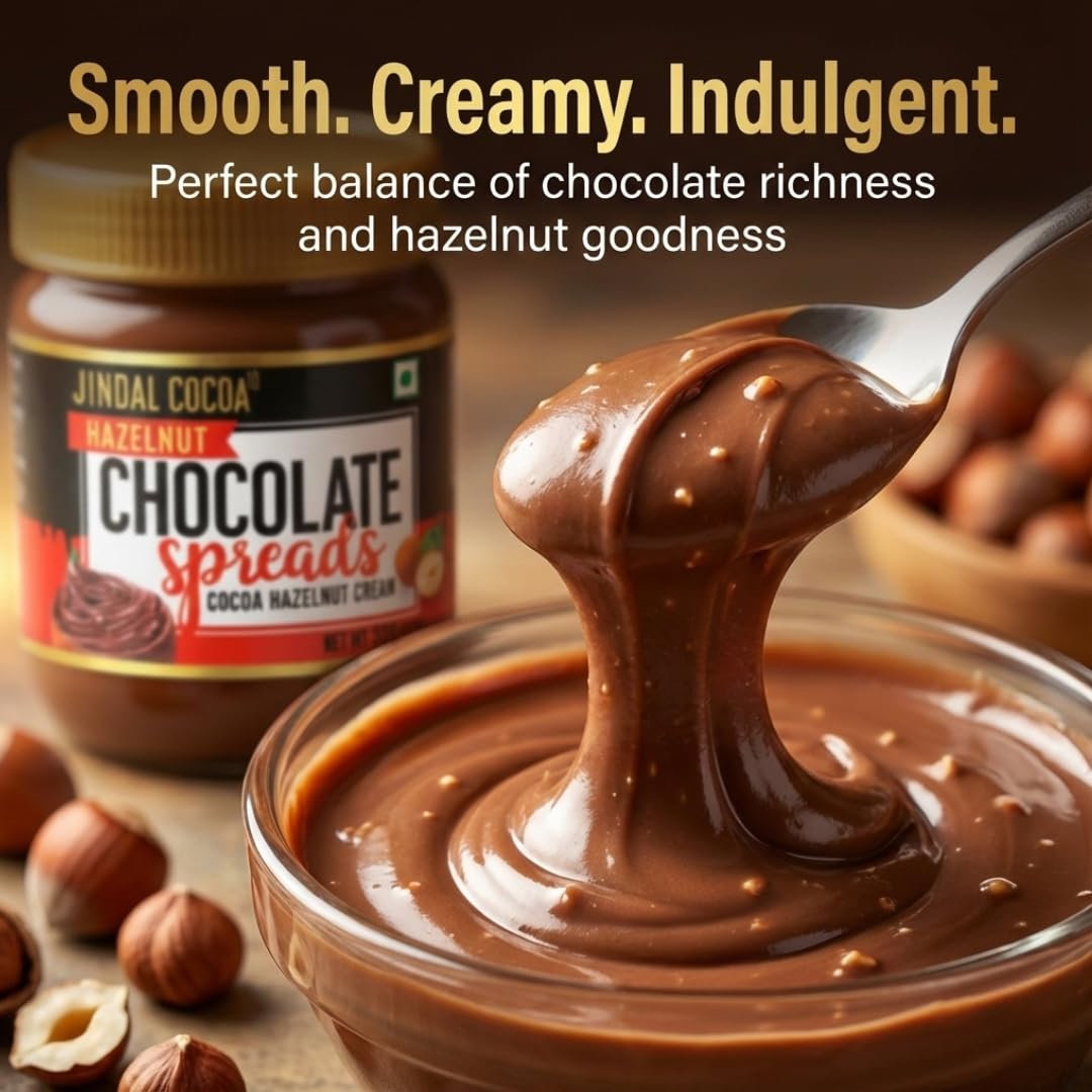 Jindal Cocoa Hazelnut Spread - 320g | Chocolate Spread for Kids | No Palm Oil | 15% Hazelnuts | Chocolate Spread without Palm Oil | No Artificial Preservatives & Trans-Fat | Healthy Chocolate Spread