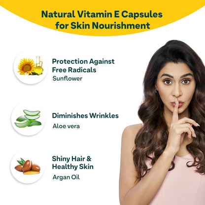 OZiva Plant Based Natural Vitamin E Capsules for Face & Hair with Sunflower oil, Aloe vera oil ,Argan oil, Vegan &Natural Vitamin E for Glowing Skin & Stronger Hair (Vitamin E, Pack of 1, 30 Capsules)