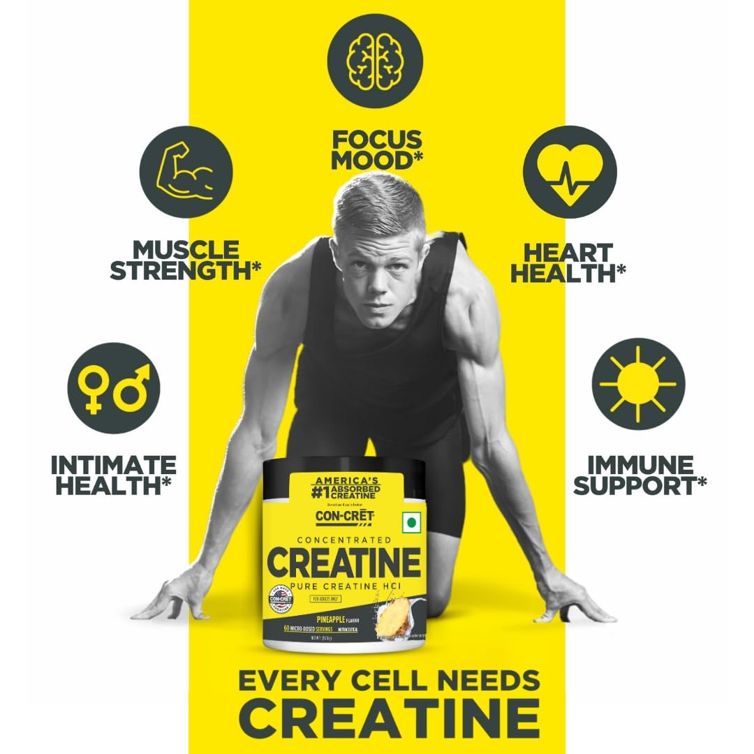 CON-CRET Concentrated Creatine HCL - supports Muscle, Cognitive, Cellular Energy | No Bloating or Cramps | USA Made & NSF Certified | 60 Micro-dosed servings | Pineapple Flavour (57.6gms)