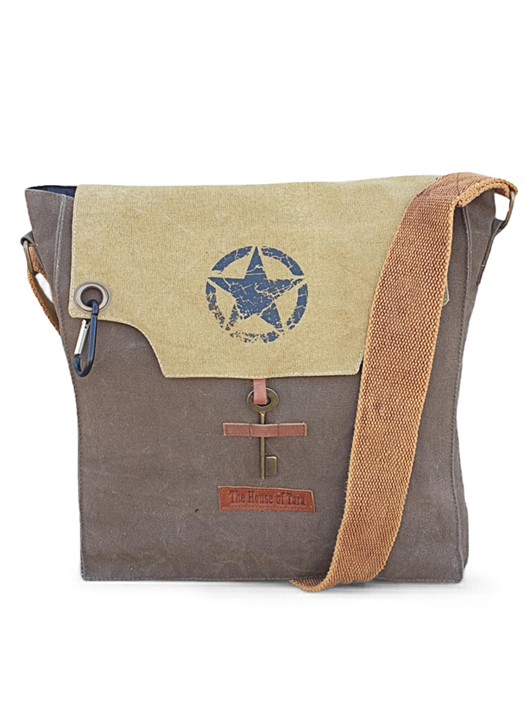 The House of tara Sturdy Cotton Canvas Messenger Bags for Men and Women | With two Magnetic Snap Buttons Flap Closure, Adjustable Body Strap & Multiutility Lobster Hook (Brown Beige)