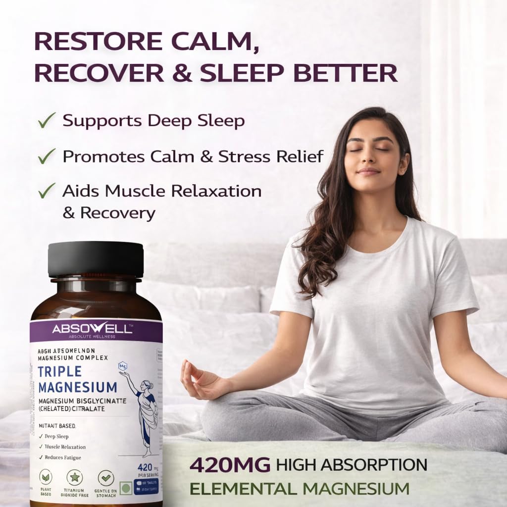 Absowell Magnesium Supplement Triple Complex - Glycinate, Malate & Citrate - High Absorption Capsules for Sleep, Muscle Support & Energy - Gentle on Stomach - 420 mg - Plant-Based - 90 Capsules