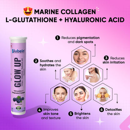 Blubein Glow Up - Radiant Skin Care Drink | 1000mg Marine Collagen with Glutathione & Vitamin C for Youthful Skin | Green Tea Extract – Blueberry Flavor for Men & Women