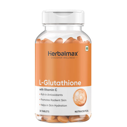 Herbalmax L-Glutathione 500mg Tablets with Vitamin C, Grape Seed Extract & Alpha Lipoic Acid – Dietary Supplement for Radiant Skin, Pigmentation & Dark Spot Support – 30 Veg Tablets