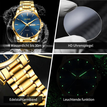 OLEVS Watch for Men Gold Blue Analog Quartz Dress Business Watch Day Date Calendar Stainless Steel Luxury Luminous Waterproof Casual Men Wrist Watches