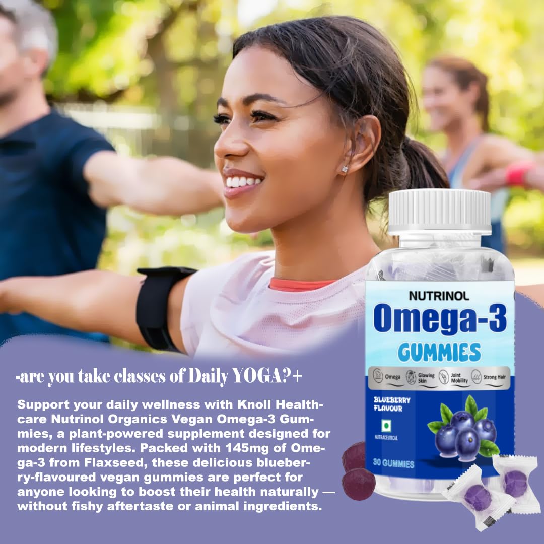 Knoll Healthcare Nutrinol Organics Vegan Omega-3 Flaxseed (145mg) Healthy Bones, Hair & Skin Glwing Skin Joint Strong Hair Veg Soft Gummies for Women & Men (Blueberry Flavour) 30 Gummies