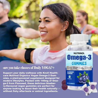 Knoll Healthcare Nutrinol Organics Vegan Omega-3 Flaxseed (145mg) Healthy Bones, Hair & Skin Glwing Skin Joint Strong Hair Veg Soft Gummies for Women & Men (Blueberry Flavour) 30 Gummies
