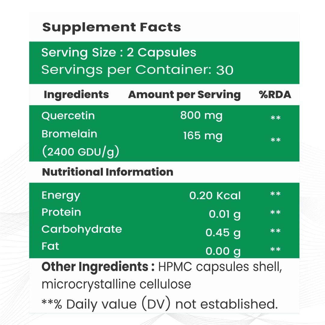 Raskam Quercetin with Bromelain Capsules | Immune & Respiratory Support | Powerful Antioxidant Formula | Promotes Cardiovascular & Joint Wellness | 60 Veg Capsules