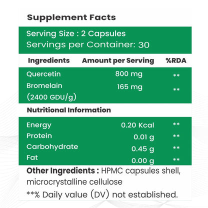 Raskam Quercetin with Bromelain Capsules | Immune & Respiratory Support | Powerful Antioxidant Formula | Promotes Cardiovascular & Joint Wellness | 60 Veg Capsules