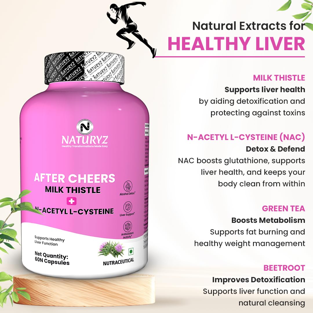 NATURYZ After Cheers Fatty Liver & Alcohol Detox Supplement with Milk Thistle, N-Acetyl Cysteine (NAC), Green Tea & Beetroot | Advanced Liver Health, Hangover Recovery | Helps detox After Drinking | 60 Vegetarian Capsules